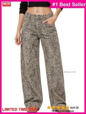 High Waisted Wide Leg Baggy Cheetah Print Denim Jeans